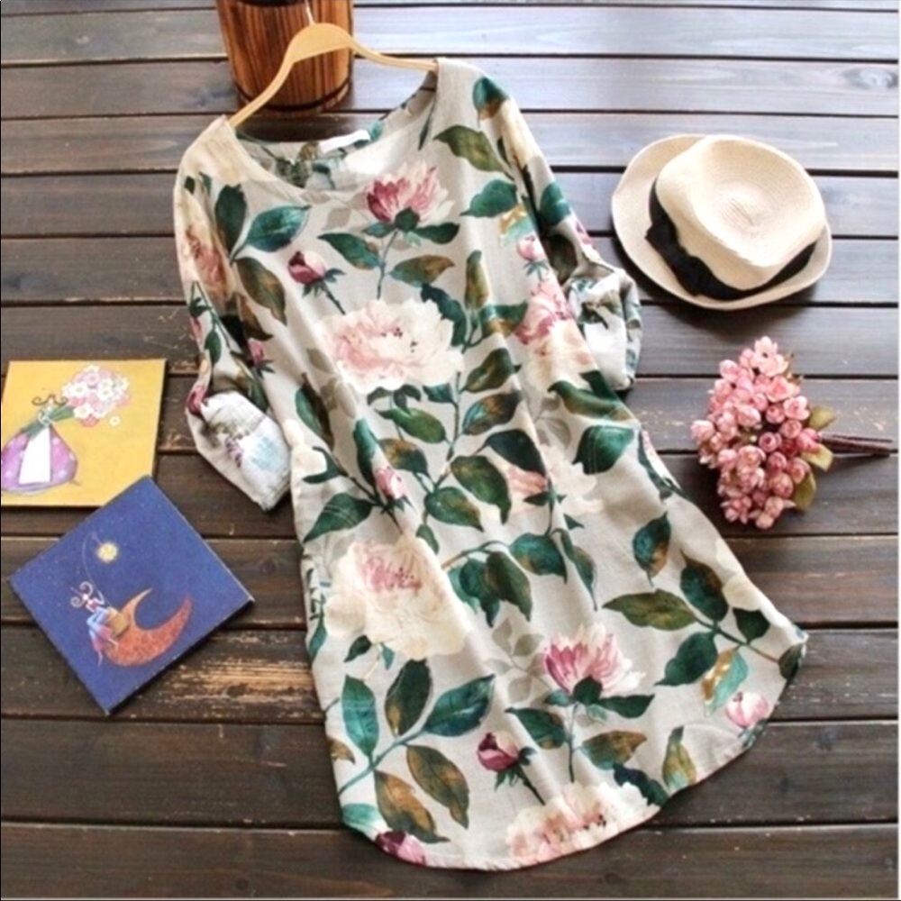 White Peony Floral Linen Tunic Dress